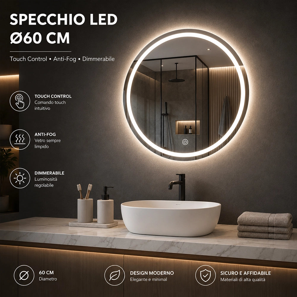 Specchio Tondo Diametro 60 cm con Led a 3 Colori Dimmerabile Accensione Touch