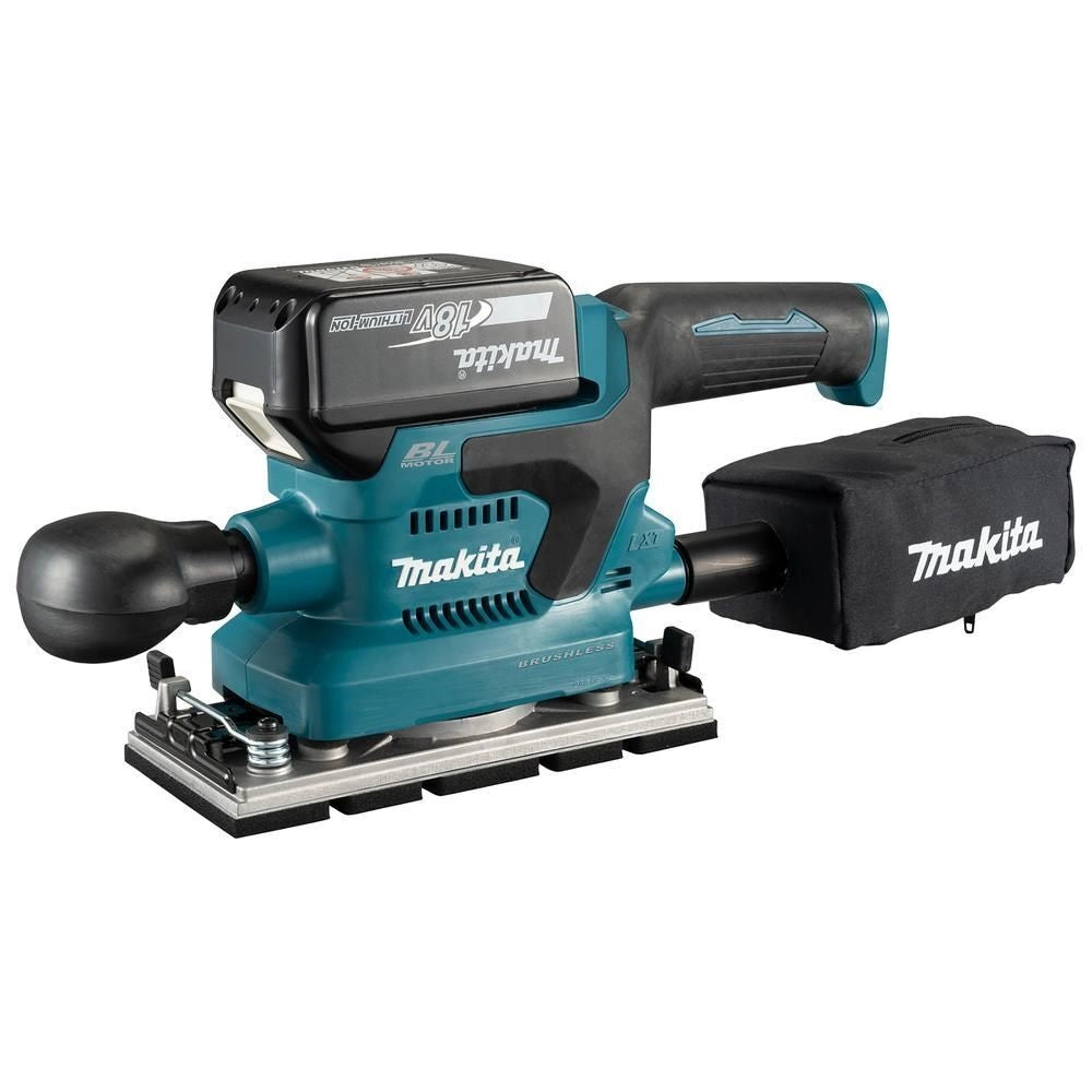 Makita DBO382Z Levigatrice Orbitale a Batteria 18V Li-Ion Brushless Diametro Orbita 2 mm Velocita' Regolabile 3 Livelli Aspirazione Polvere Integrata Impugnatura Rimovibile Senza Attrezzi colore Nero Turchese