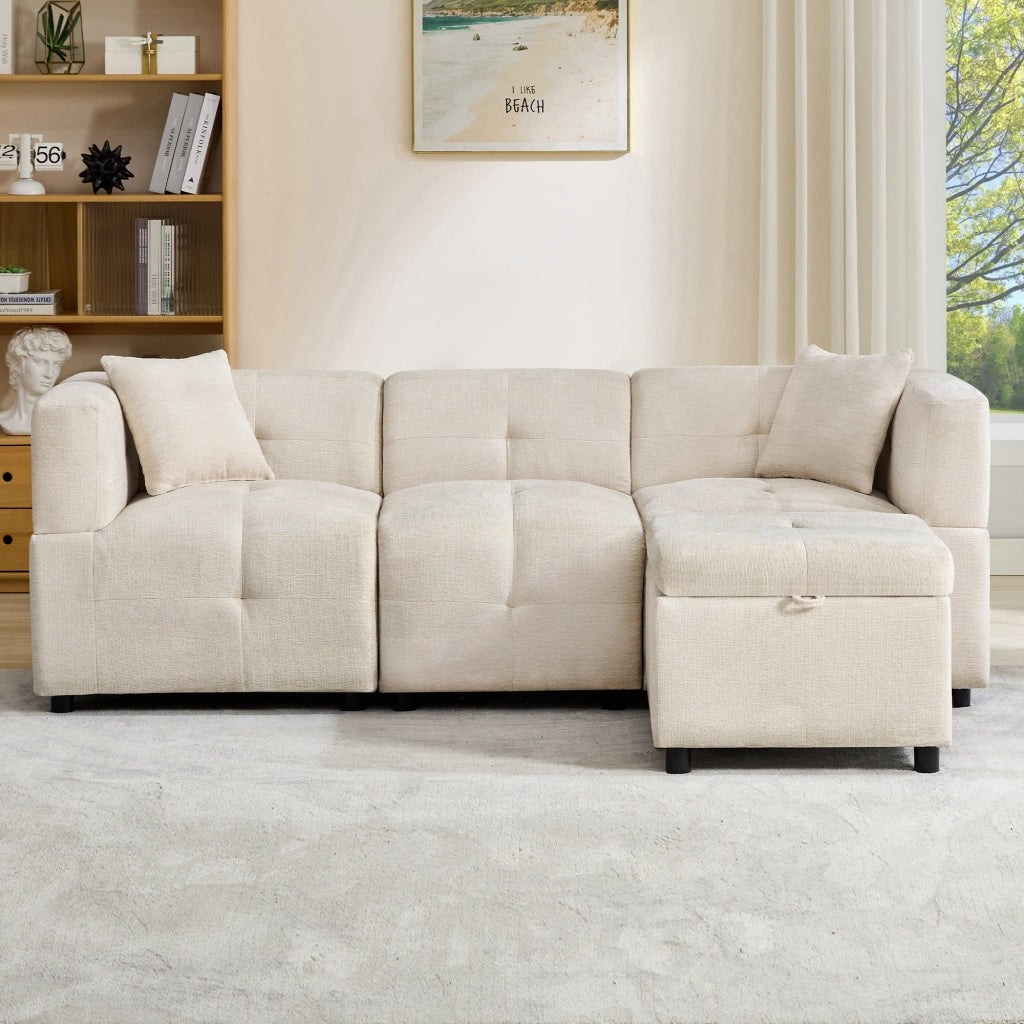 DIVANO MODULARE 3 POSTI 204x126x69 cm Chenille Beige con pouf contenitore e 2 cuscini