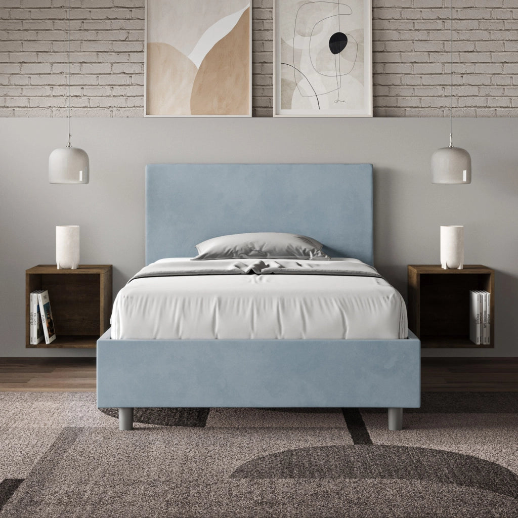 BS COM Letto singolo con rete imbottito 100x190 microfibra azzurro