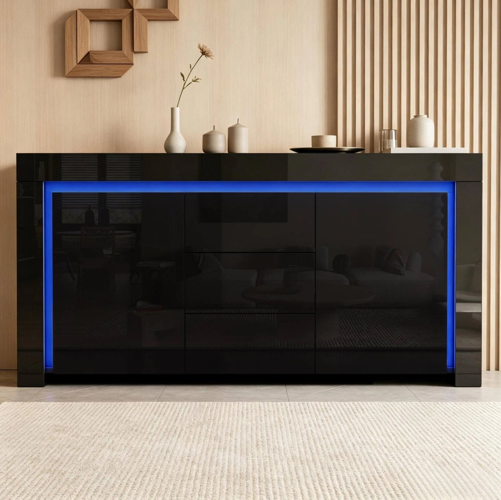 Sideboard nero lucido con LED, 2 ante e 3 cassetti 140 cm
