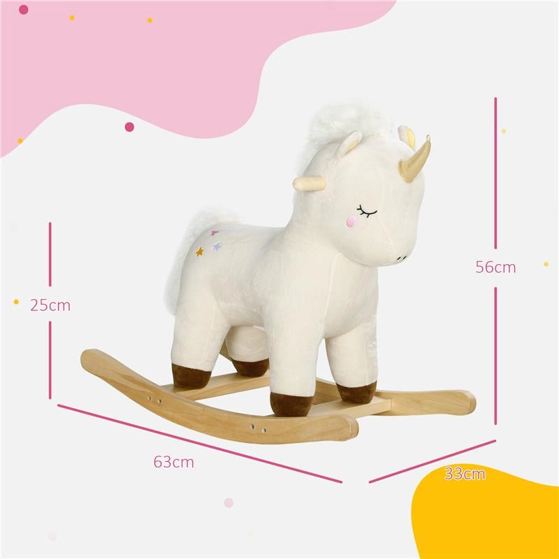 CAVALLO A DONDOLO PER BAMBINI 2-4 ANNI A UNICORNO CON SUONI E RIVESTIMENTO MORBIDO 63X33X56 CM BIANCO