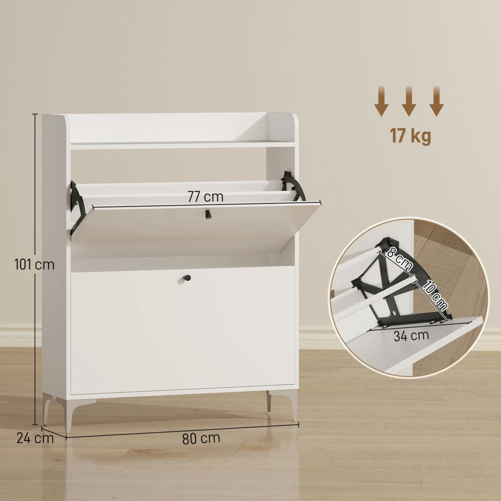 Scarpiera Slim Salvaspazio ¨C Xylo ¨C Legno e Metallo Bianco 2 Cassetti a Ribalta 80x24x101 cm