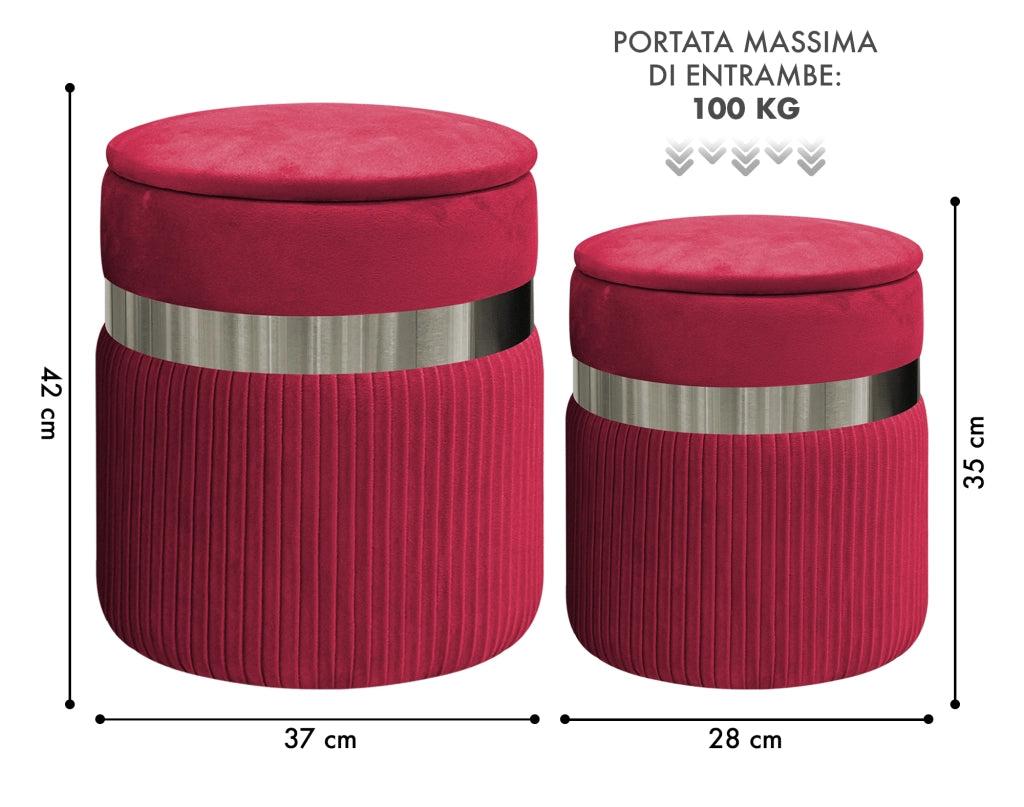 Set Di 2 Pouf Contenitori In Velluto Design Moderno Poggiapiedi,Sgabello Tondo con Coperchio Rimovibile e Seduta Imbottita Alta DensitÃ  Con Fascia In Metallo Contenitore Capiente Storage Box Bordeaux