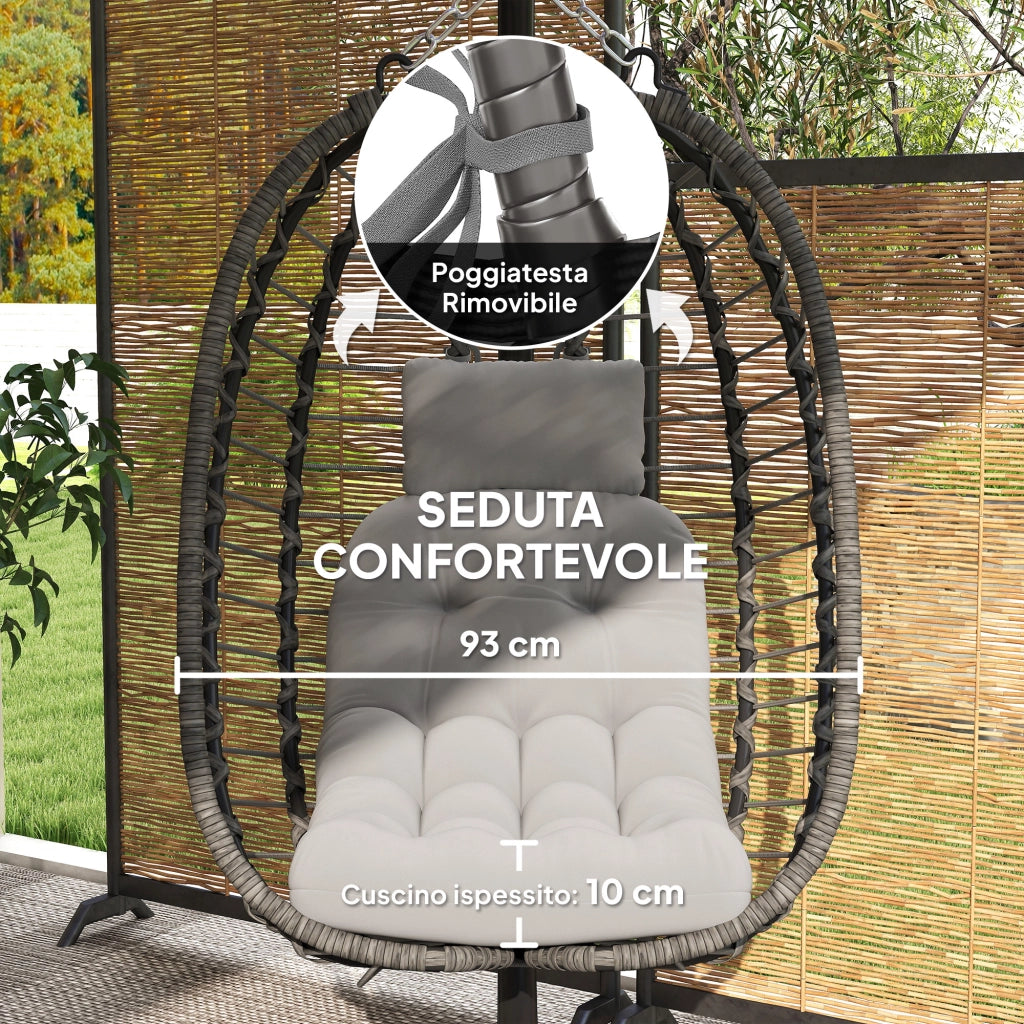 Sedia Sospesa a Uovo in Rattan con Cuscino ¨C Zephmum ¨C Grigio, Altezza Regolabile
