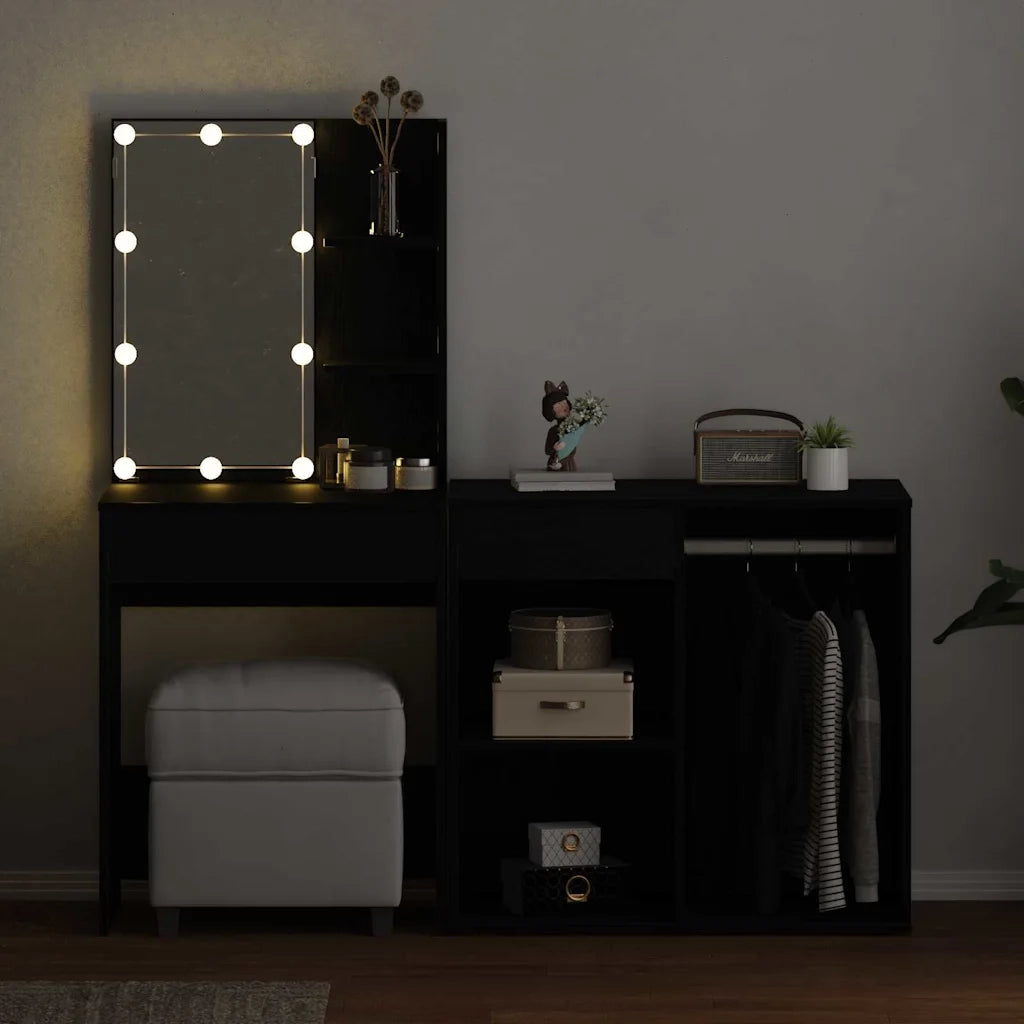 Set Tavolo da Trucco LED Rovere Nero 140 x 40 x 140 cm 3333045