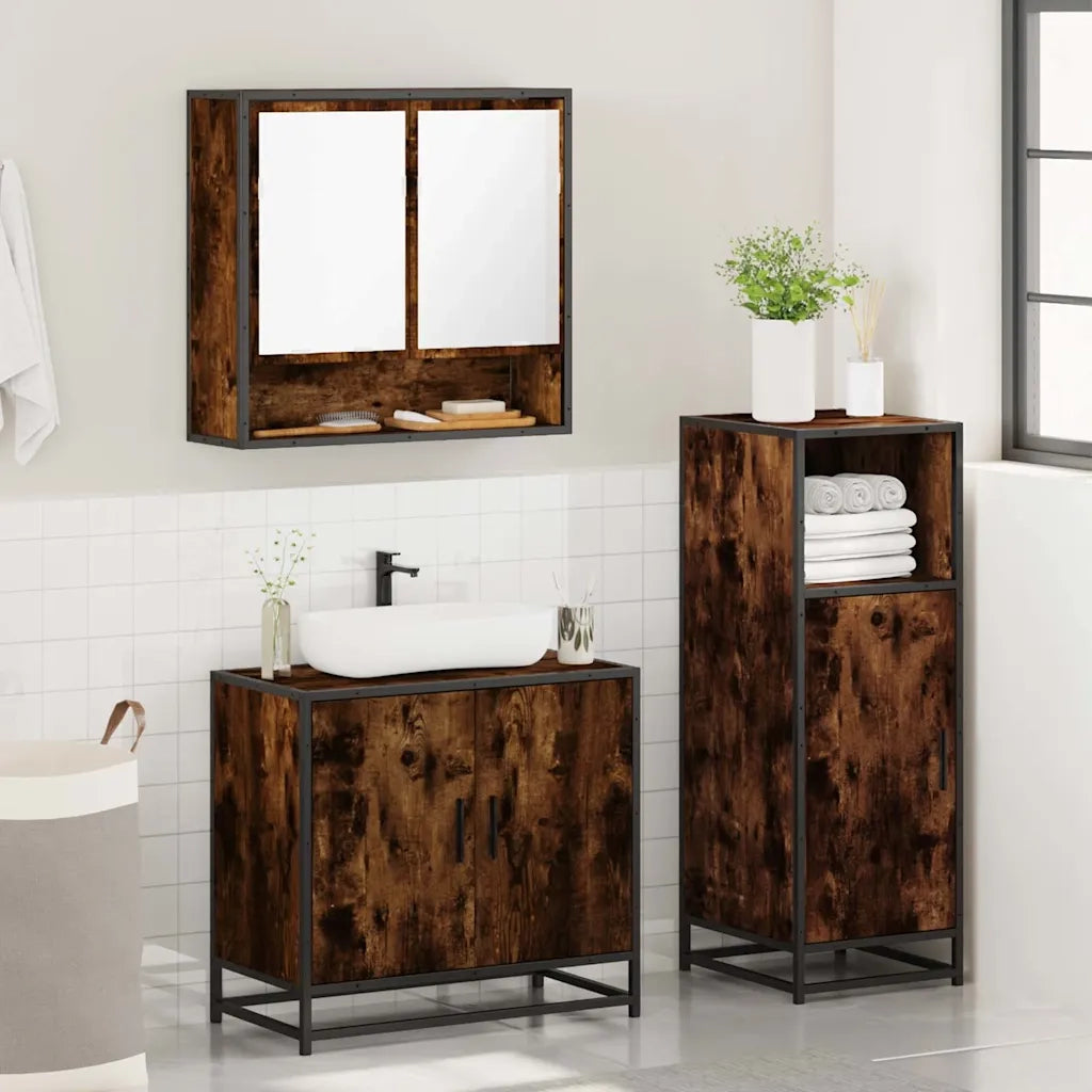Set Mobili da Bagno 3 pz Rovere Fumo in Legno Multistrato 3300977