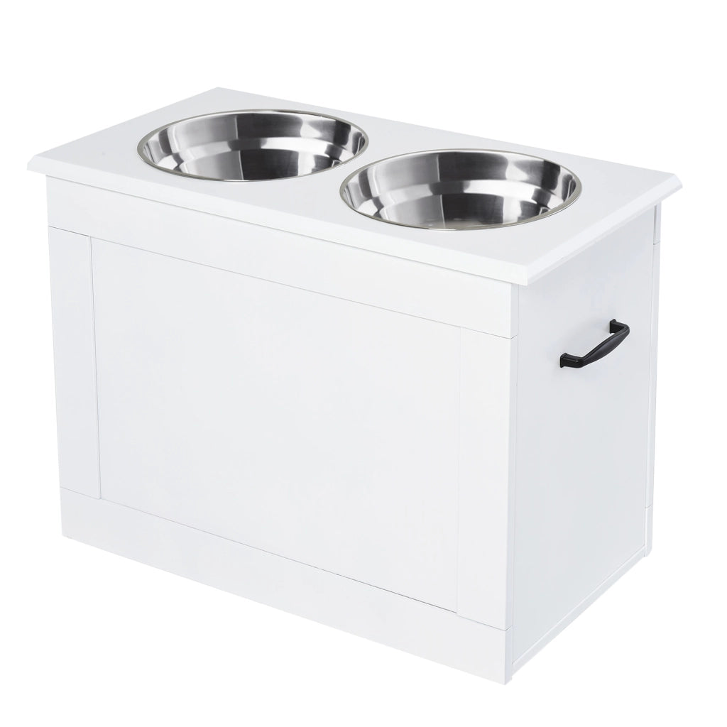 Tavolo per cani con ciotole in acciaio inox e spazio di stoccaggio ¨C Minimal ¨C 60x30x41 cm bianco