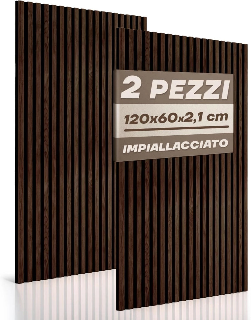 RMF PRO Set 2 Pannelli Decorativi Parete Legno Fonoassorbenti Fumo Scuro 120x60 cm (1,44 m²) – Rivestimento Acustico a Listelli MDF per Soggiorno, Studio e Ufficio