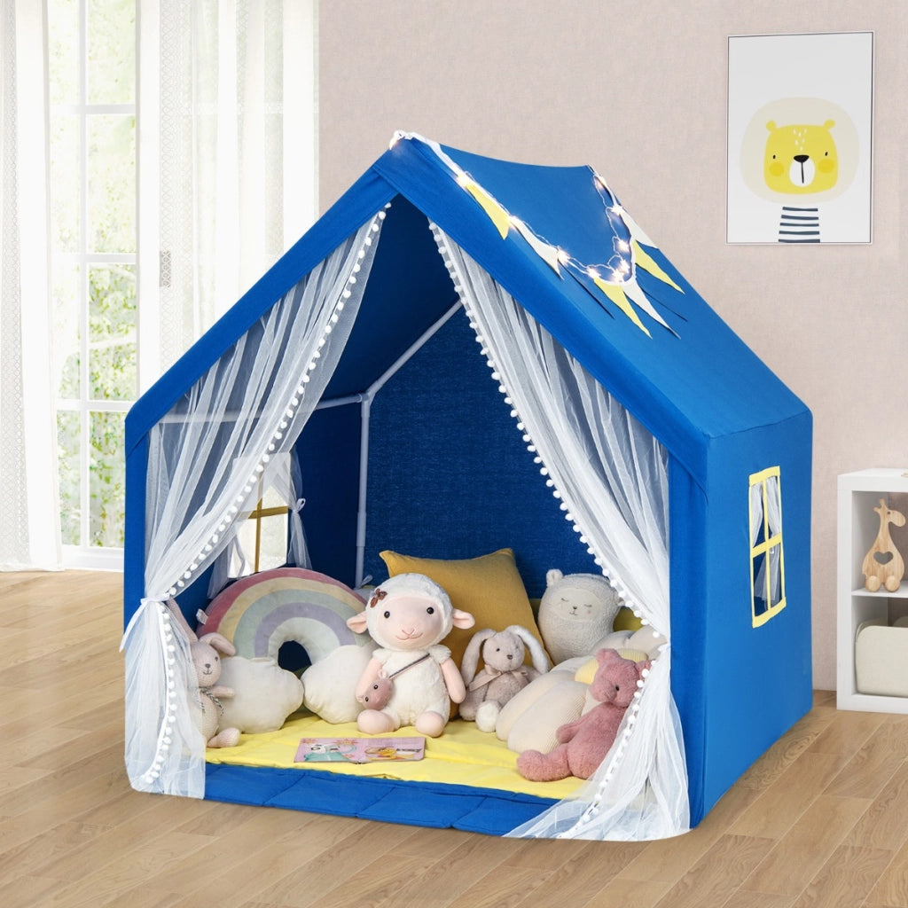 Tenda da gioco per bambini con tappeto in cotone lavabile luci stellari finestre, Casa da gioco 122x105x125cm Blu
