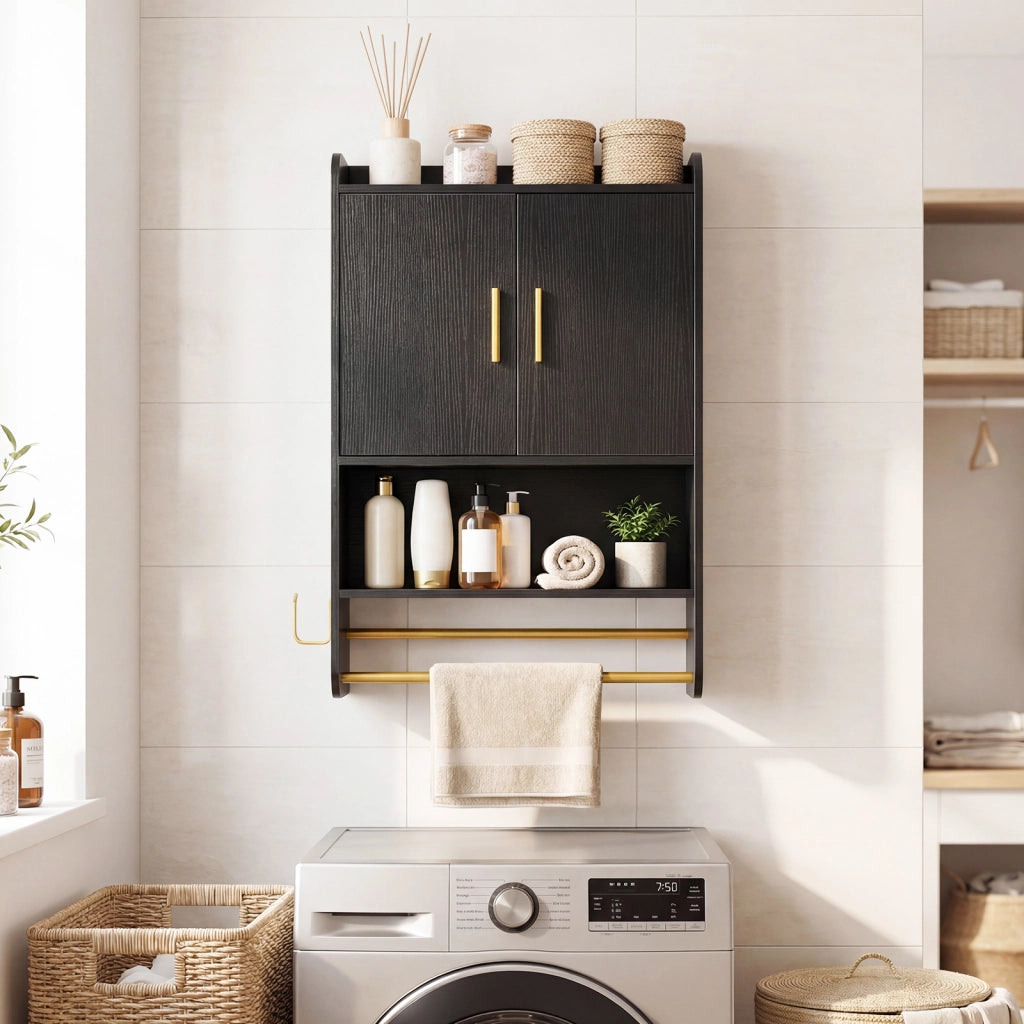 Armadietto a parete pensile con ripiano regolabile e gancio laterale, Mobiletto da bagno con 2 ante scomparto aperto Nero