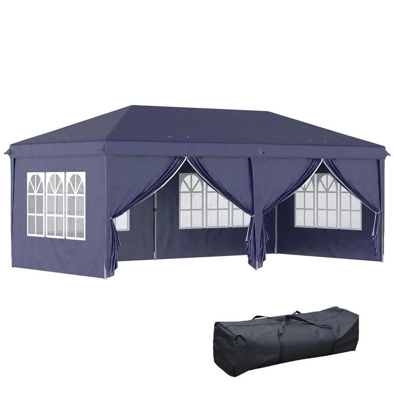 GAZEBO PIEGHEVOLE DA GIARDINO ESTERNO CON 6 PANNELLI LATERALI, 585X295 CM, BLU