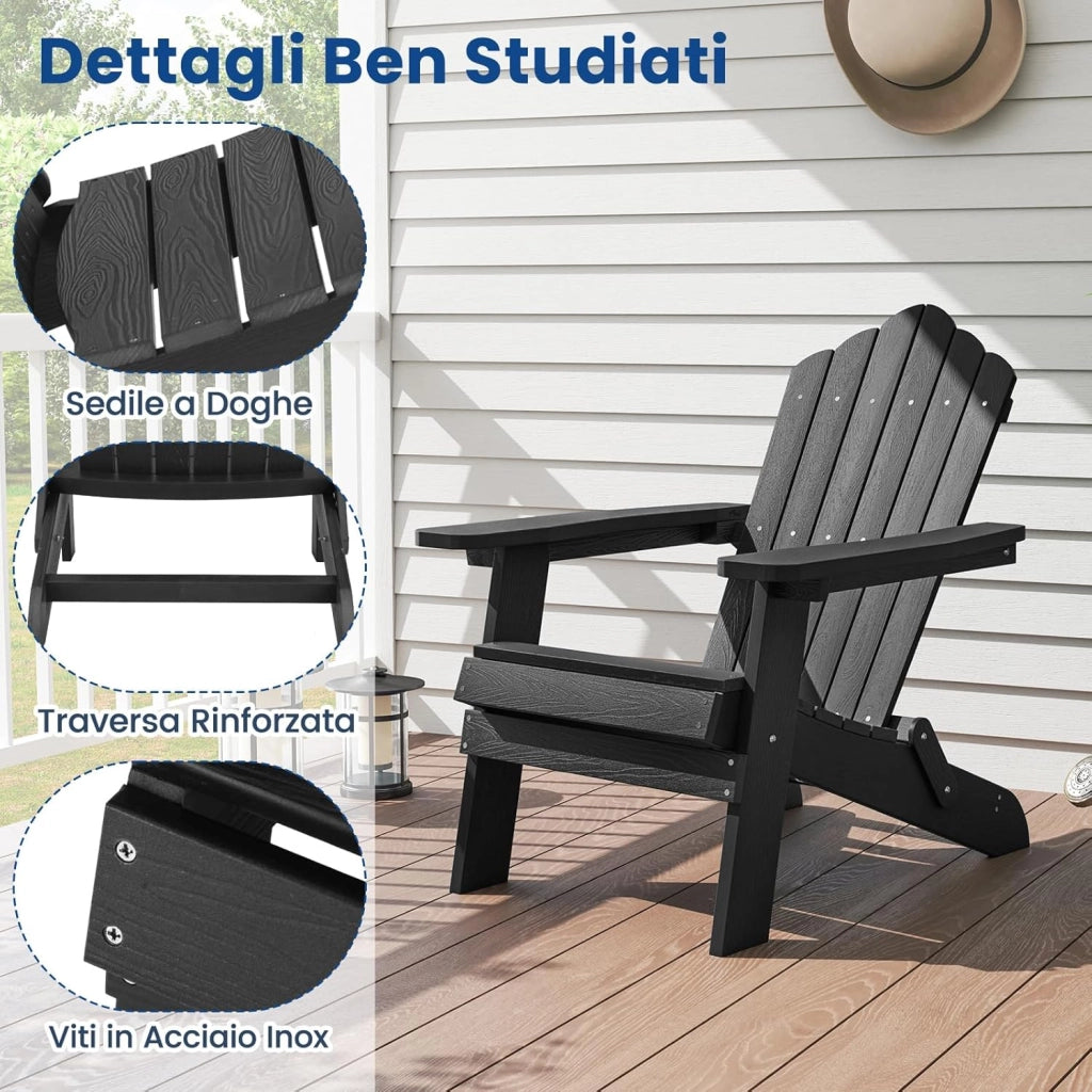 Sedia Adirondack Pieghevole da Giardino, Sedia da Patio in HIPS con Braccioli Larghi e Schienale Inclinato, Poltrona da Giardino in Legno, per Giardino Cortile, Portata 180 kg (Nero)