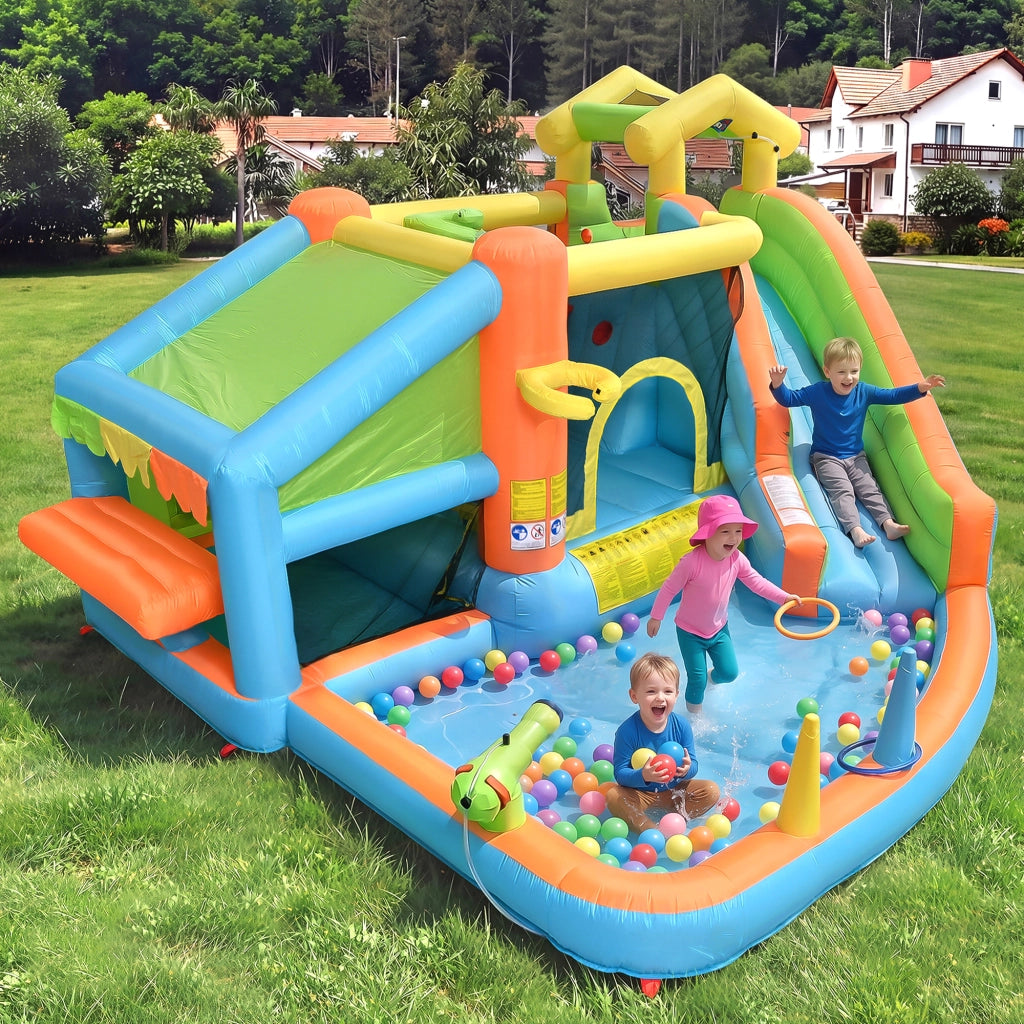 Parco acquatico gonfiabile per bambini con scivolo piscina e giochi in tessuto Oxford colorato 360 × 350 × 210 cm