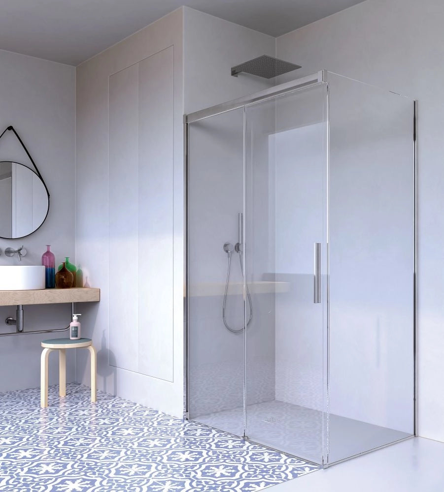 Box doccia 2 lati Fisso + Scorrevole Cristallo 8 mm Giava - Nice Soft Close - Misura: 70 x 100 x h190 cm