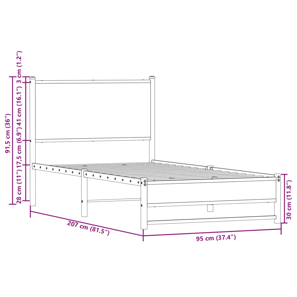 Letto singolo | Letto per adulti | Giroletto senza Materasso in Metallo Rovere Marrone 90x200 cm