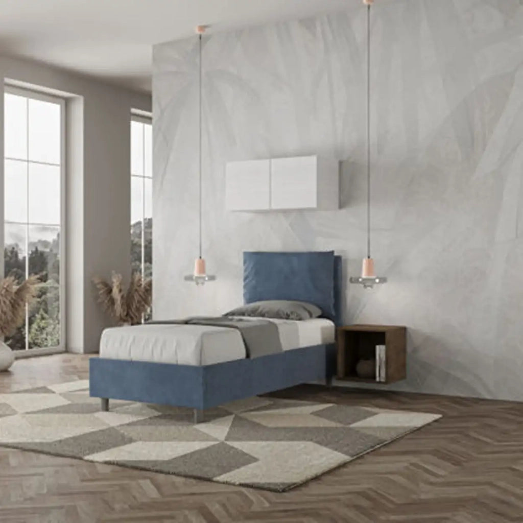 Letto singolo senza rete imbottito 80x190 microfibra blu Antea