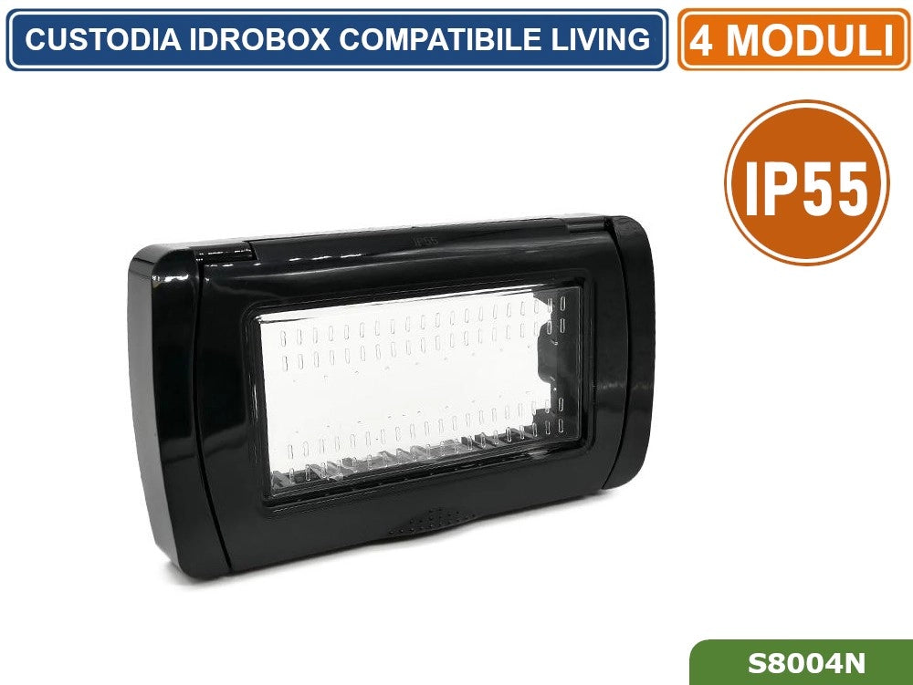 PLACCA COPERTURA STAGNA 4M  IDROBOX 4 MODULI NERA IP55 COMPATIBILE SERIE BTICINO LIVING