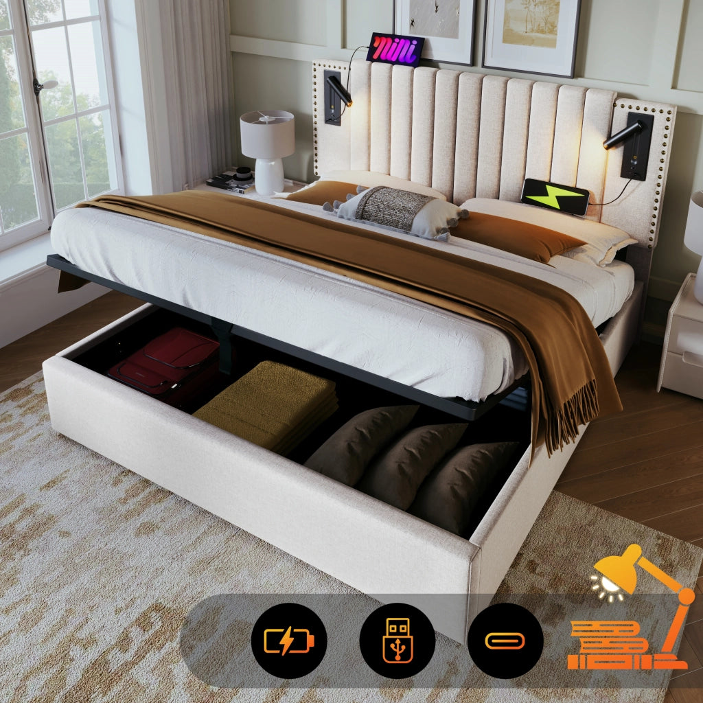 Letto matrimoniale – 140x200 cm – luce USB borchie rete – cotone beige