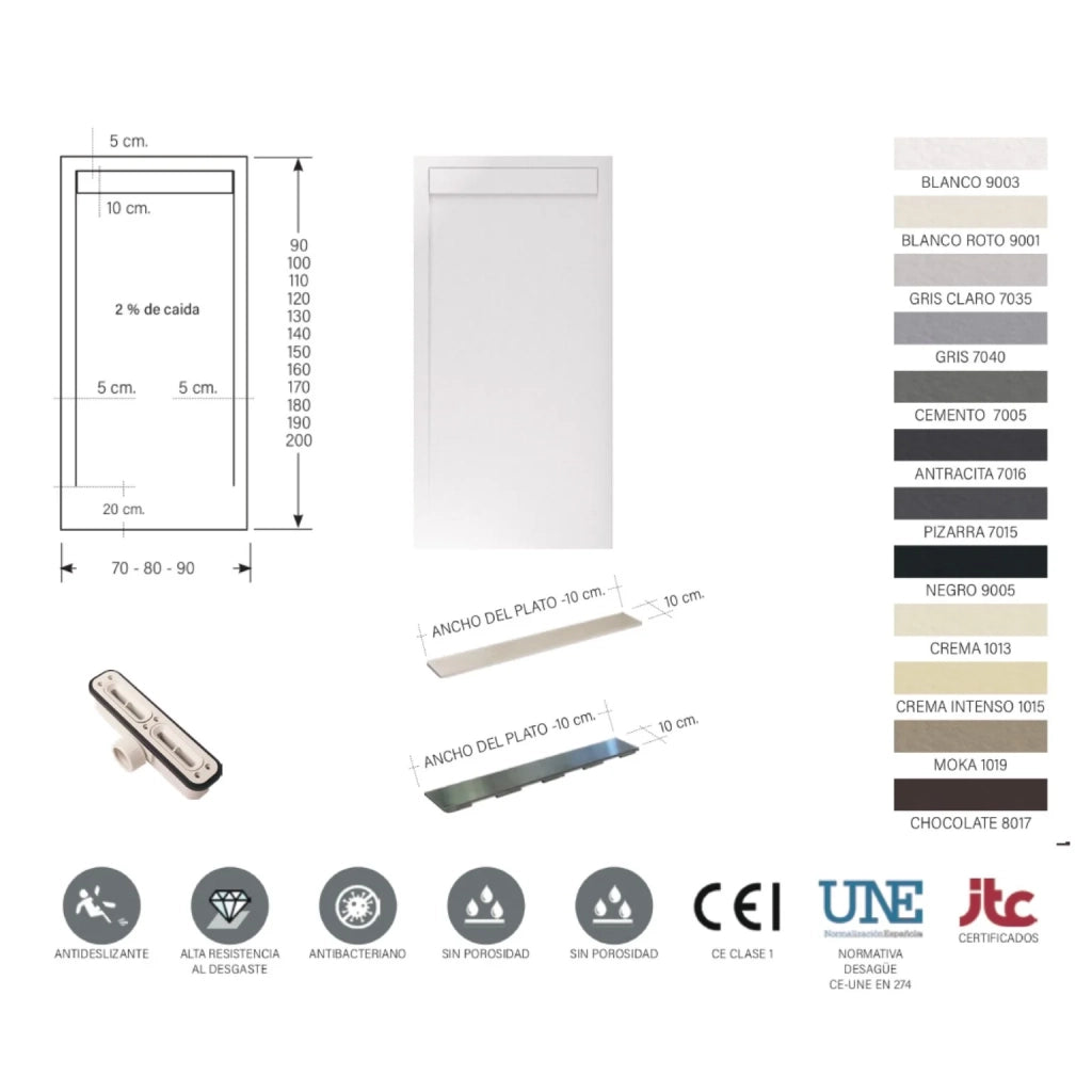 Piatto doccia Bidai con bordo 90X160 cm colore Grigio chiaro RAL 7035 griglia Grigio chiaro