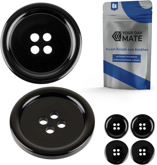 Bulloni per abbigliamento, 6 pezzi, 4 occhi, Ø 40,6 mm, in nero, realizzati in poliestere, misura 64L, bulloni per giacche, cappotti, camicie, polos, bulloni DIY di resina, bulloni per lavaggio, bulloni base, bulloni per hobby