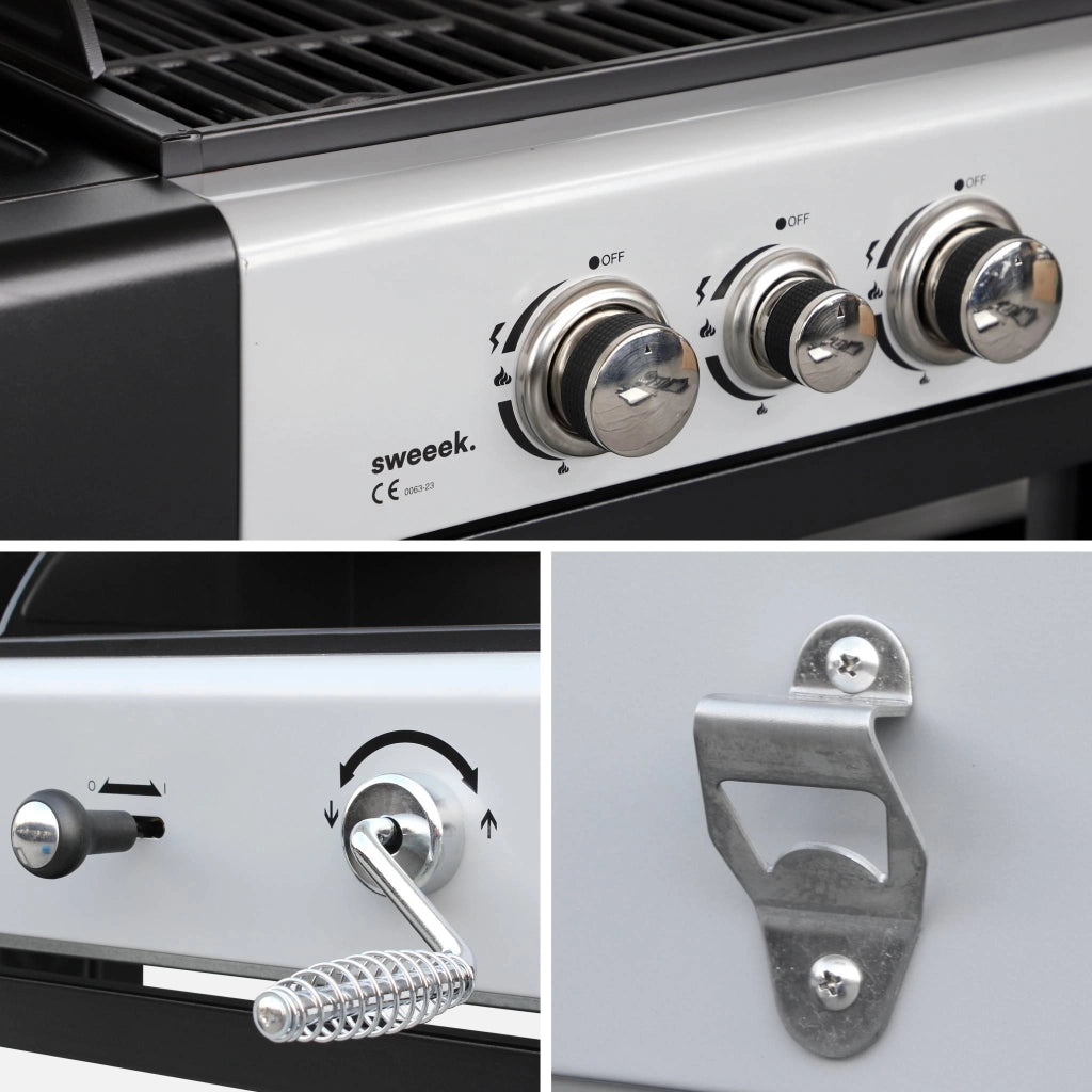 Barbecue a gas 2 in 1, 3 bruciatori + 1 fuoco laterale, nero