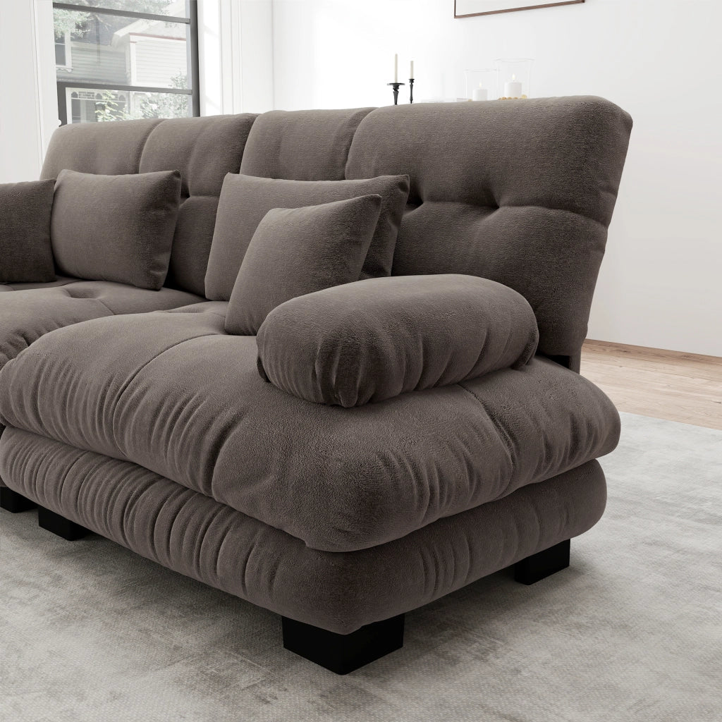 Divano Angolare in Velluto ¨C MINIMAL ¨C Marrone, con Cuscini e Poggiapiedi