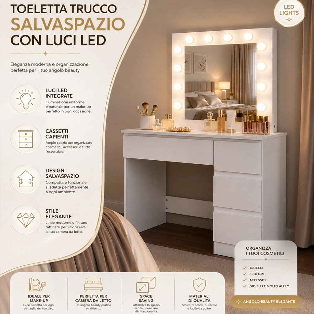 Toeletta Trucco con Luci Bianca Postazione Makeup 12 LED e Cassetti 94x43x140cm
