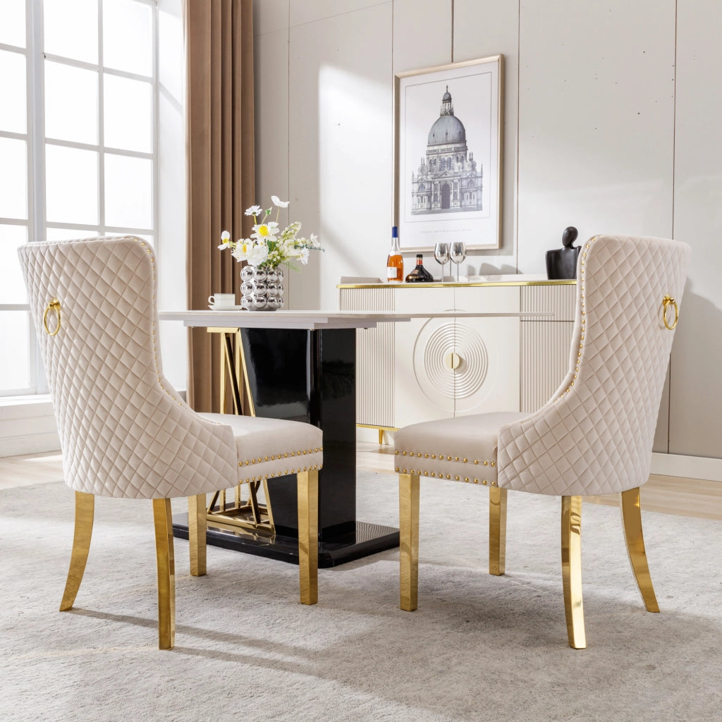OKWISH Set di 2 Sedie da Pranzo con Anello Sullo Schienale e Borchie Decorative, Piedini Regolabili, Velluto Beige
