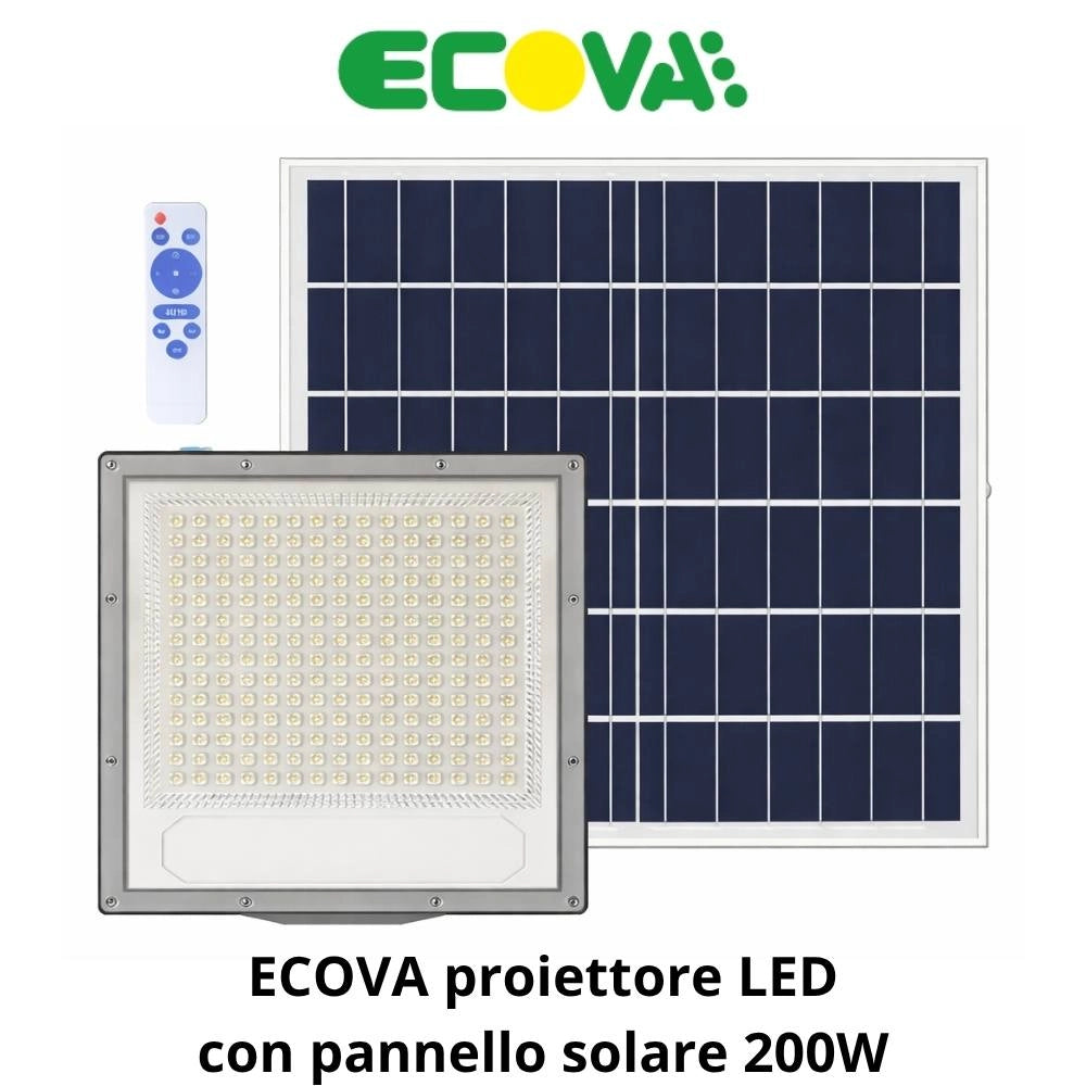 Proiettore led solare ecova con telecomando e luce bianca fredda 6500k *** potenza 200w, confezione 1