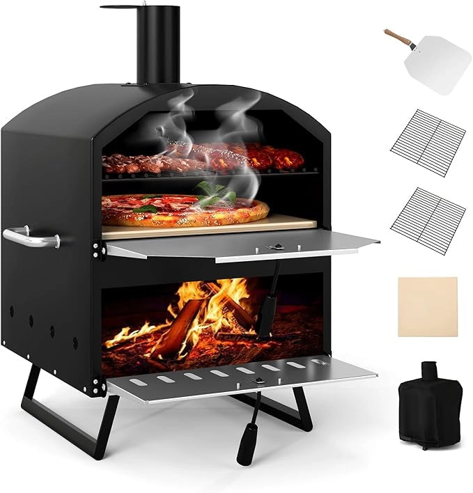 Forno per Pizza a Legna da Esterno da 40 cm, Bruciatore Pizza a 2 Strati con Pietra Quadrata, Pala per Pizza, Griglie da Cucina e Copertura, Forno Portatile per Campeggio, Giardino, BBQ