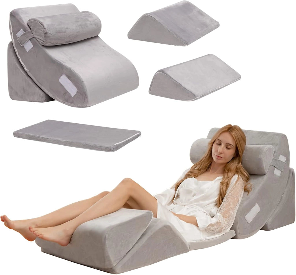 Set di 4/6 Cuscini Regolabili a Cuneo, Cuscino a Cuneo per Letto in Memory Foam, per Alleviare il Dolore alla Schiena Collo e alle Gambe, Poggiatesta Rimovibile, Grigio (6 Pezzi)