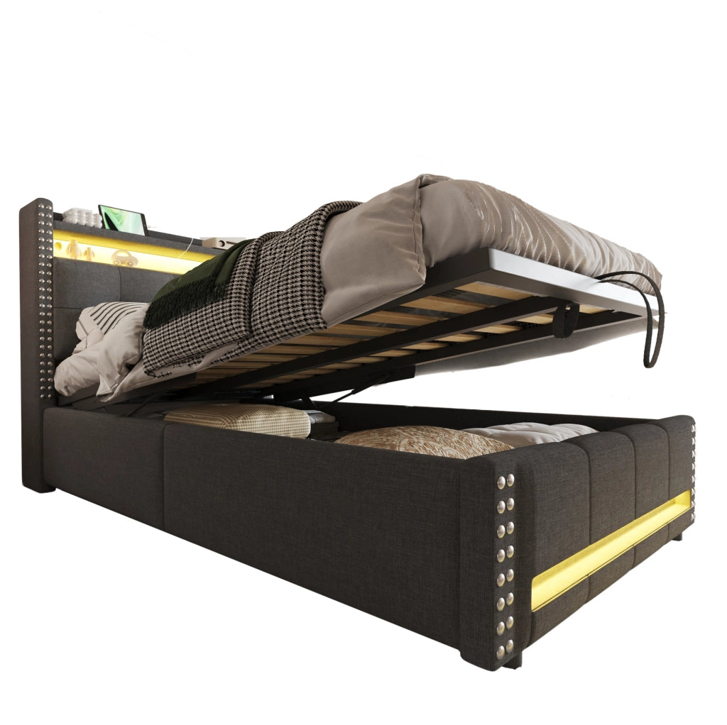 Letto imbottito singolo grigio 90 x 200 cm con LED, USB e contenitore