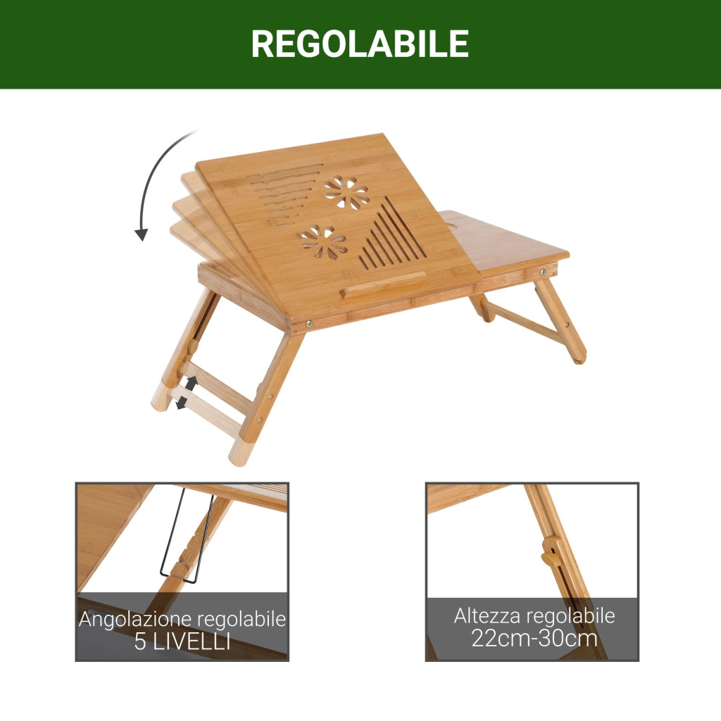 Tavolino da Letto per PC Portatile con Sistema di Raffreddamento in Bambù 55x35x22-30 cm