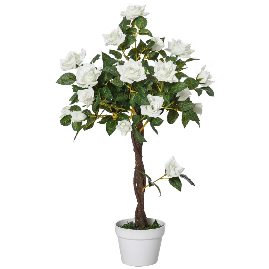 Pianta Finta di Rosa da 21 Fiori con Vaso Riempito in Cemento e Muschio, Pianta Artificiale Anti-UV in Plastica e Tessuto, ?18x90 cm, Bianco e Verde