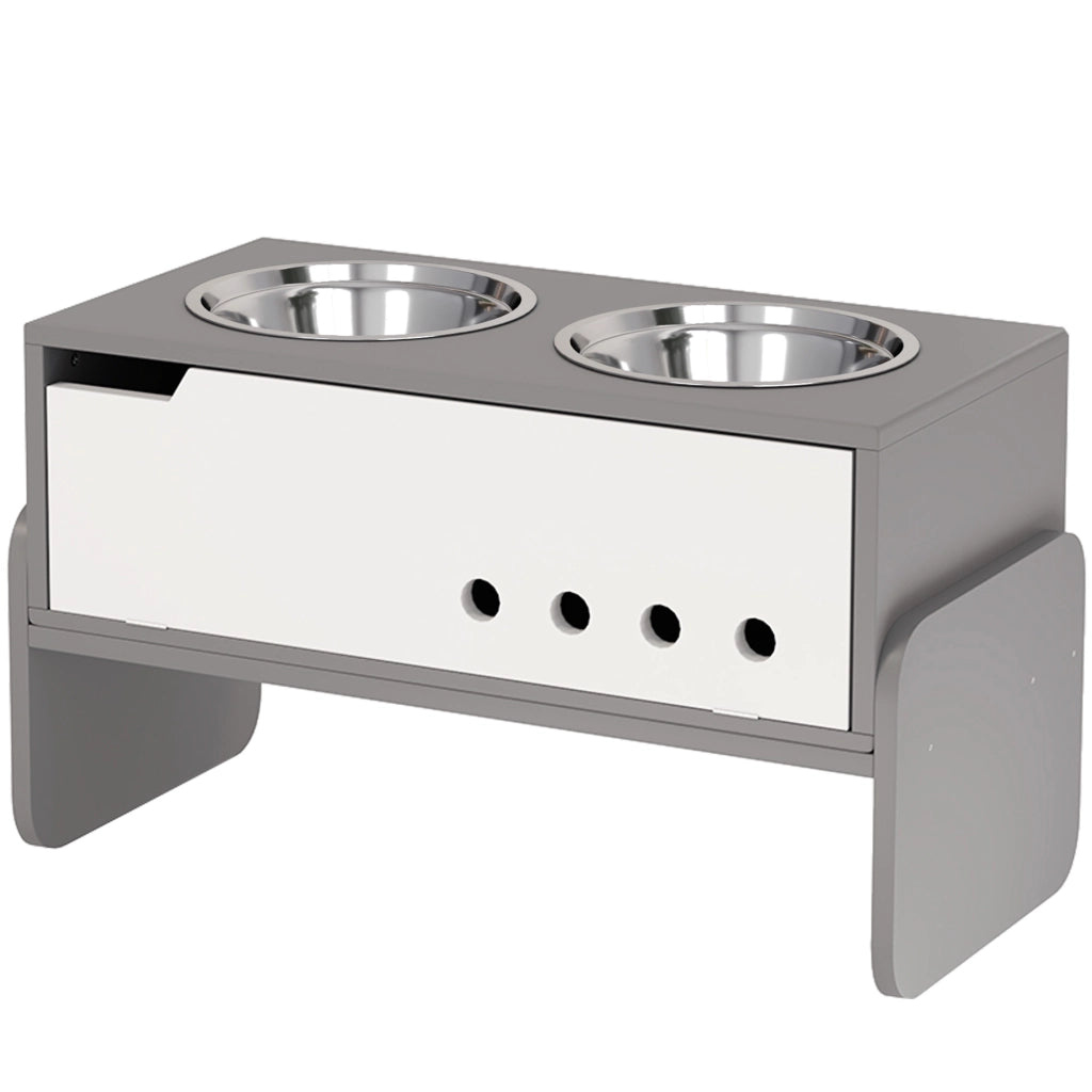 Stazione di alimentazione rialzata per cani con contenitore e ciotole in acciaio inossidabile ¨C Minimal ¨C Grigio 60x50x30