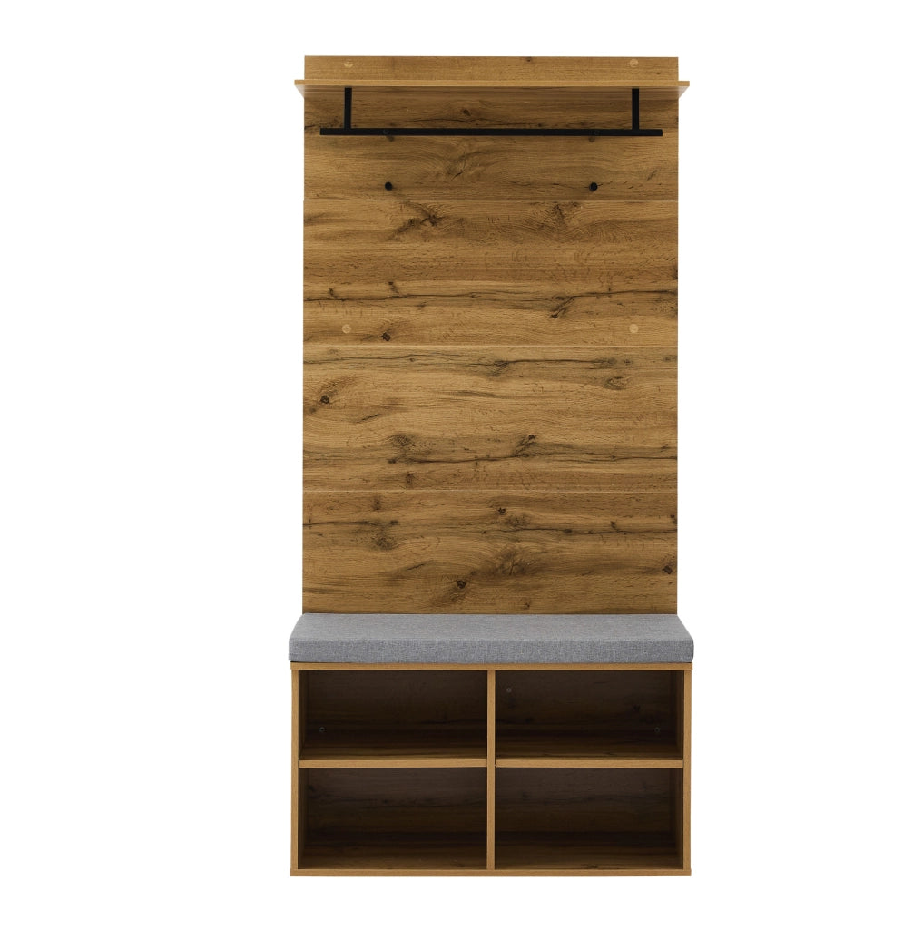 Set appendiabiti ULEVR 84x35x175 cm con panca portascarpe imbottita, ripiano regolabile e barra appendiabiti, color rovere