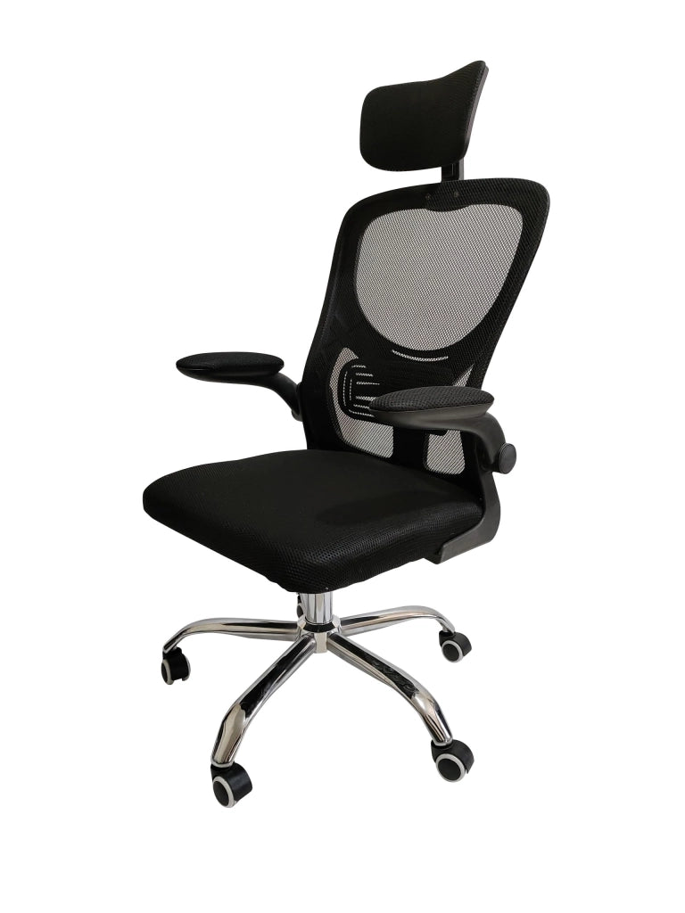 FENIXSHOP24 Sedia Ufficio Ergonomica, con Poggiatesta, Braccioli, Supporto Lombare, Regolazione in Altezza, Poltrona girevole con ruote e rete traspirante – Nera - JG-9070