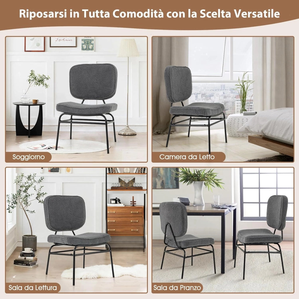 Sedia Relax Imbottita, Sedia da Lettura in Sherpa con Imbottitura in Spugna, Piedini Regolabili e Struttura in Metallo, Sedia Moderna per Soggiorno, Studio, Portata 150 kg (Grigio)
