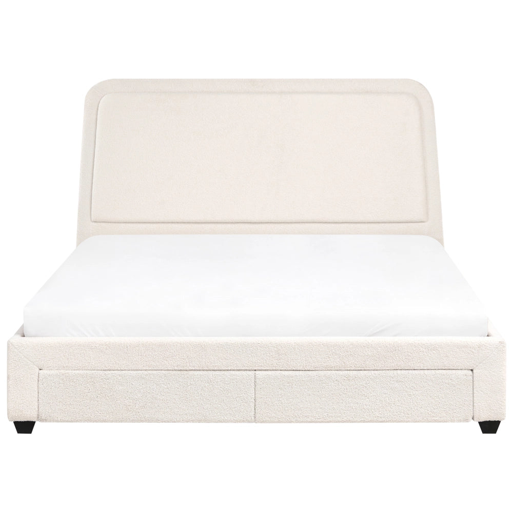 Letto imbottito in bouclé bianco sporco 180 x 200 cm Design scandinavo con morbidi cassetti sulla testiera