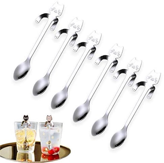 Set di cucchiai a forma di gatto in acciaio inox 304 - 6 pezzi - cucchiaio da dessert - cucchiaio da tè - adatto per zucchero e panna