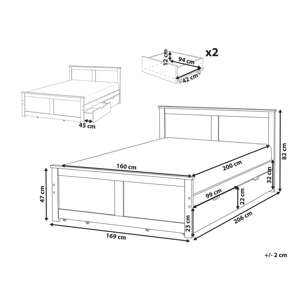 Letto matrimoniale con 2 cassetti in legno marrone chiaro stile 160 x 200 cm con testiera in stile scandinavo