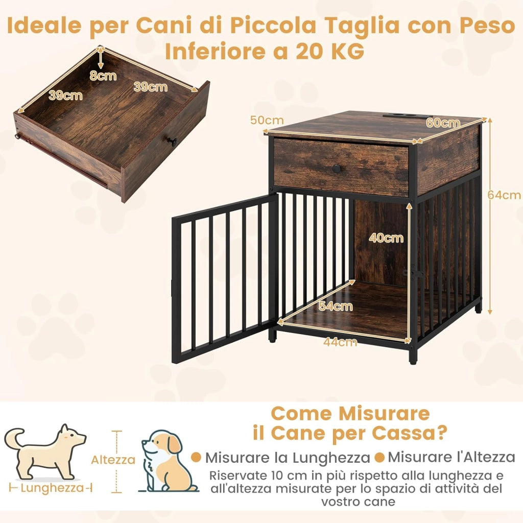 Gabbia per Cani 81 x 37 x 115 cm con 2 Prese AC, 2 Porte Usb e 1 Porta Type-C, Cuccia per Cani in Legno con Stazione di Ricarica, Cassetto e Tubi Metallici, Armadietto Multiuso