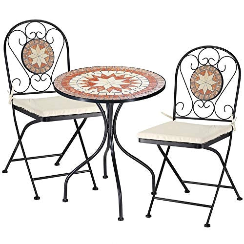 Set Tavolo + Sedie Pieghevoli Mosaico Arredo Esterno Giardino Metall Con Cuscino