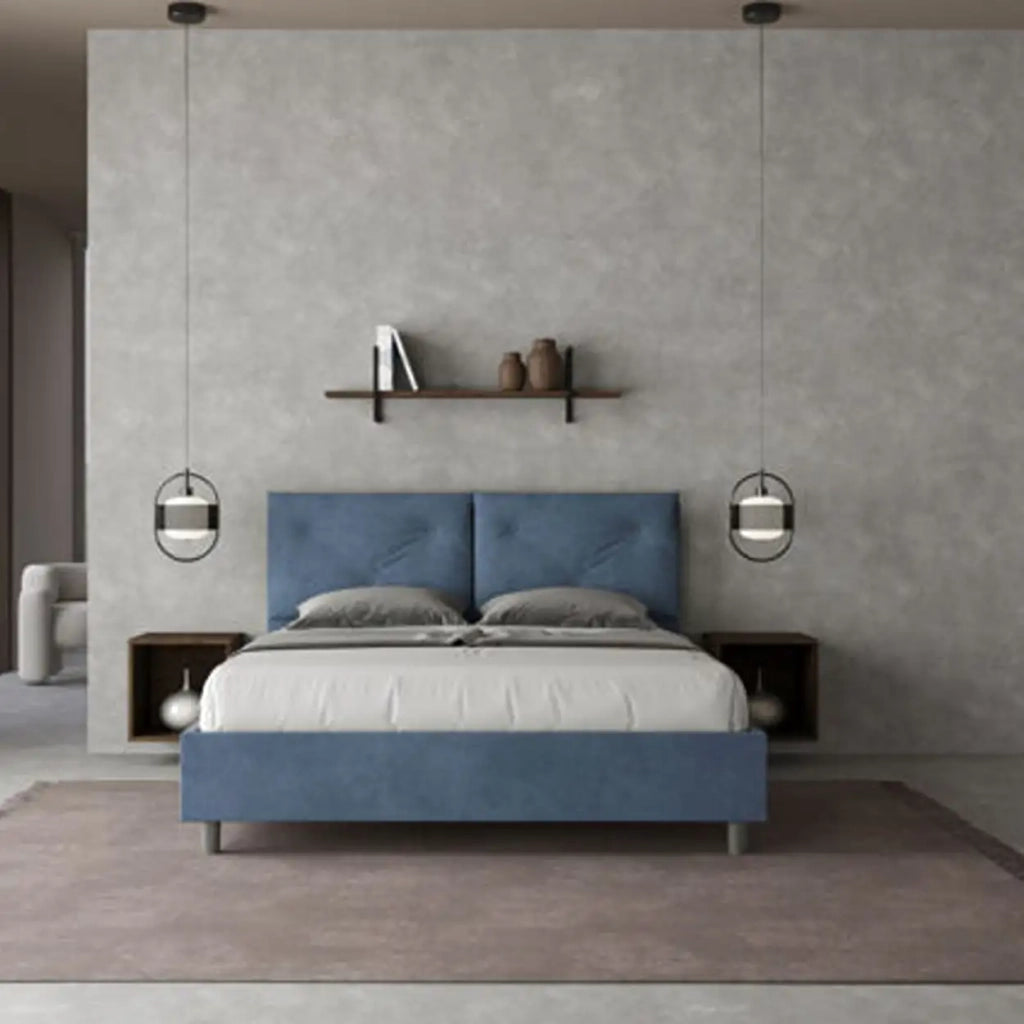 Letto matrimoniale con rete imbottito 160x210 microfibra blu Appia