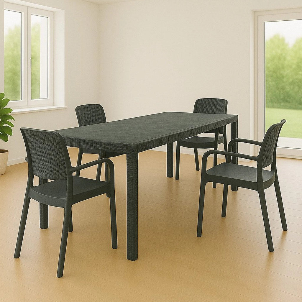 Set tavolo e sedie Cortanze, Salottino indoor, Tavolo rettangolare allungabile con 4 sedie con braccioli, Made in Italy, Antracite