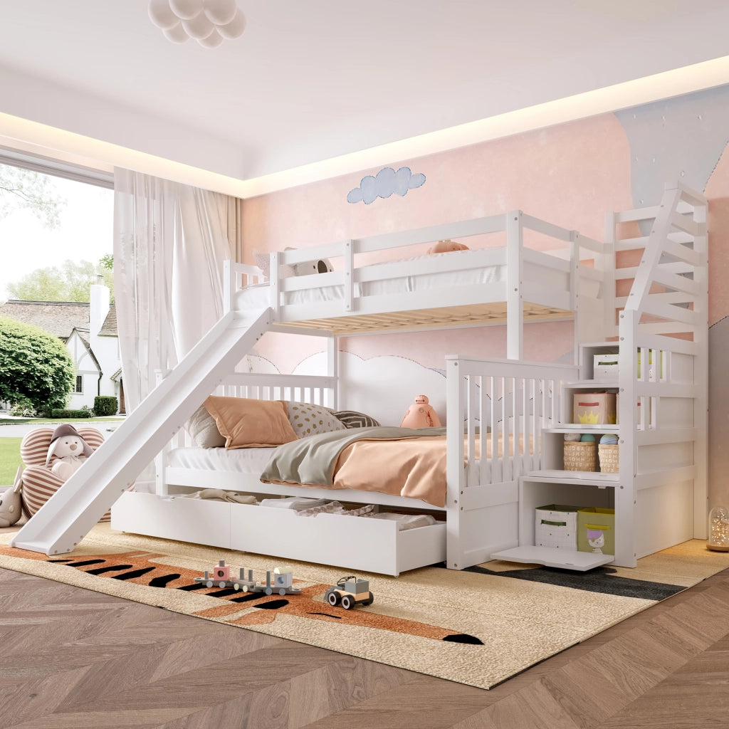 Letto a castello con scivolo e cassetti in pino 90x200 su 140x200