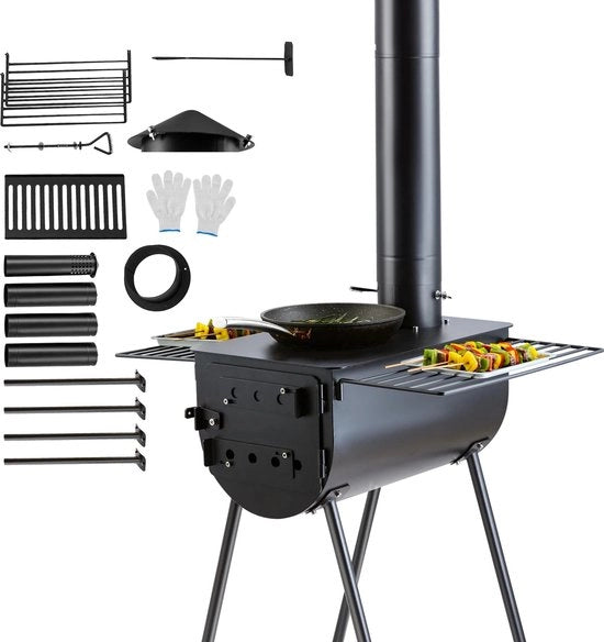 Cancello in legno - Cassetto in acciaio - Cancello in legno portatile con camino - Stufa per esterno - Guanti termoresistenti - Cucina all'aperto - Cucina - Riscaldamento