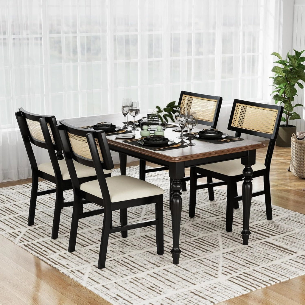 Set di 2 Sedie da Pranzo in Rattan, Sedie da Cucina Imbottite con Rivestimento in Tessuto, Gambe in Legno e Schienale Curvo per Soggiorno, Sala da Pranzo e Ristorante, Portata 180 kg