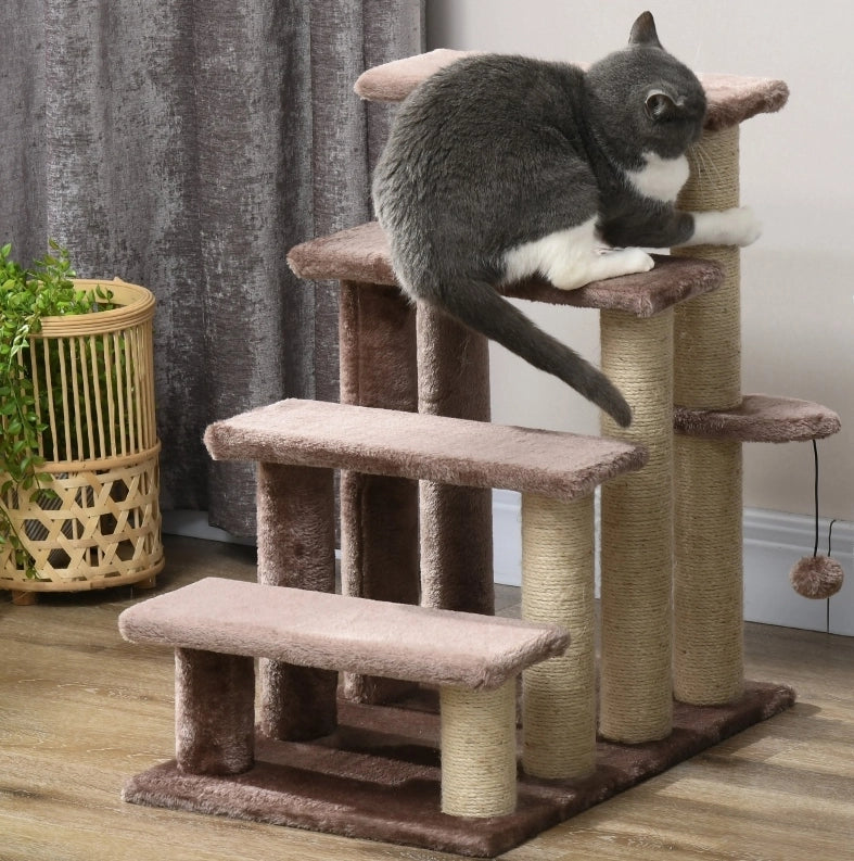 Scala per gatti ULEVR 60x40x64 cm a 4 gradini con tiragraffi in juta e pallina, marrone